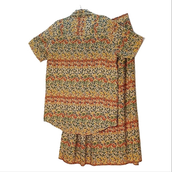 Central Falls Skirt Top Set Pull on Midi Wm Lg Button Up Yellow Floral Summer - Picture 2 of 16